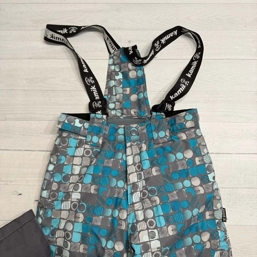Kamik girls blue and grey‎ patterned snow pants snow bibs size 8